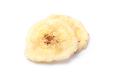 Photo of Sweet banana slices on white background. Dried fruit as healthy snack