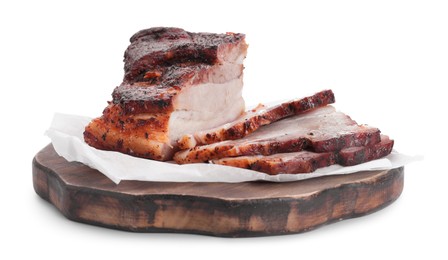 Photo of Pieces of tasty baked pork belly isolated on white