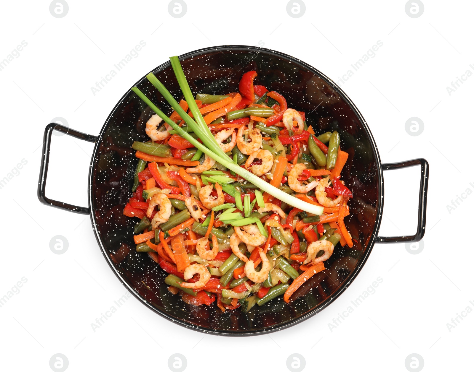 Photo of Shrimp stir fry with vegetables in wok on white background, top view