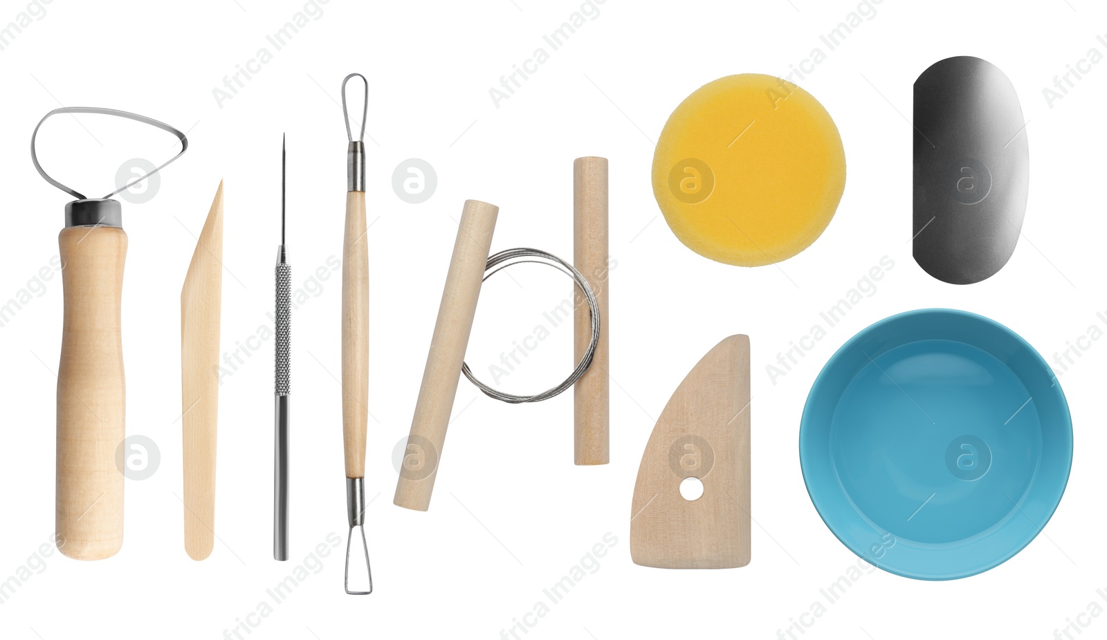 Image of Set of pottery tools and ceramic bowl on white background