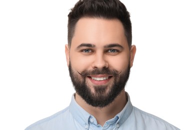 Photo of Portrait of happy young man with mustache on white background