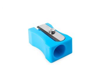 Photo of Plastic light blue pencil sharpener isolated on white