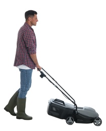 Man with modern lawn mower on white background