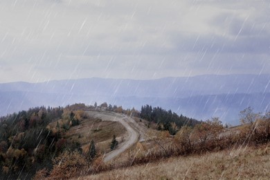 Image of Beautiful landscape of forest with pathway in mountains on rainy day