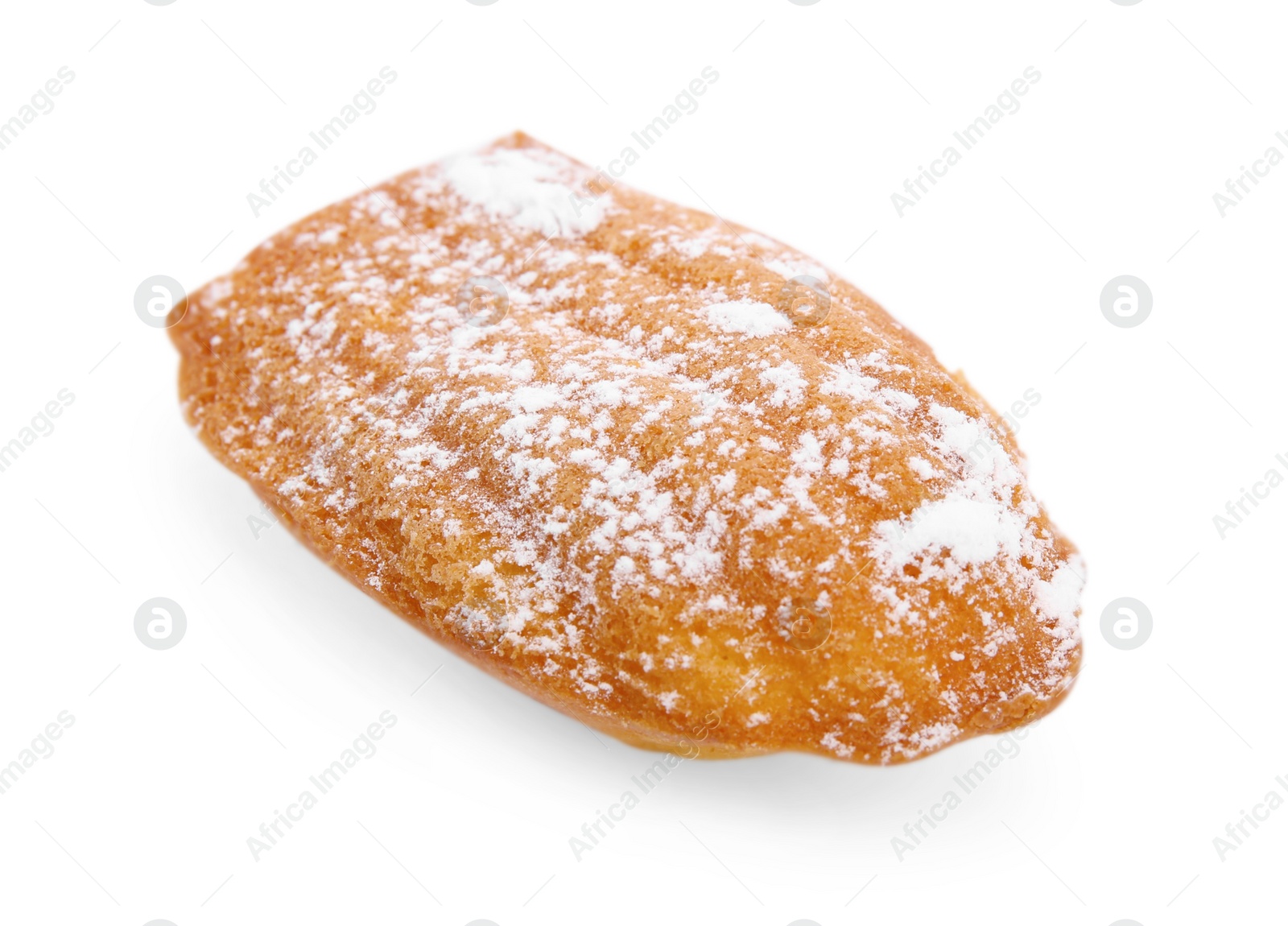 Photo of Delicious madeleine cake with powdered sugar isolated on white