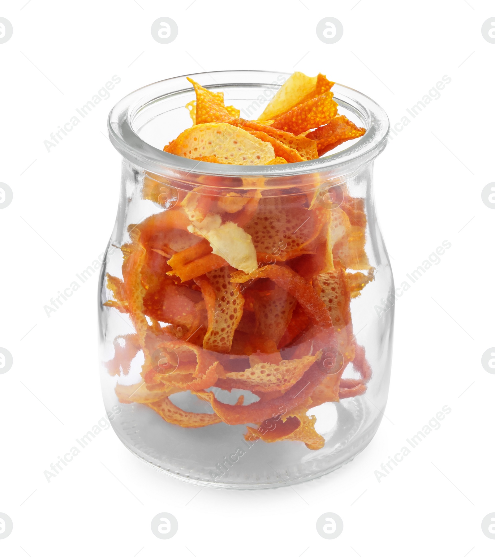 Photo of Glass jar with dry orange peels isolated on white