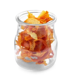 Glass jar with dry orange peels isolated on white