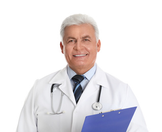 Portrait of senior doctor with clipboard on white background