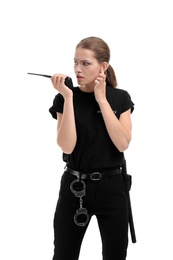 Photo of Female security guard using portable radio transmitter on white background