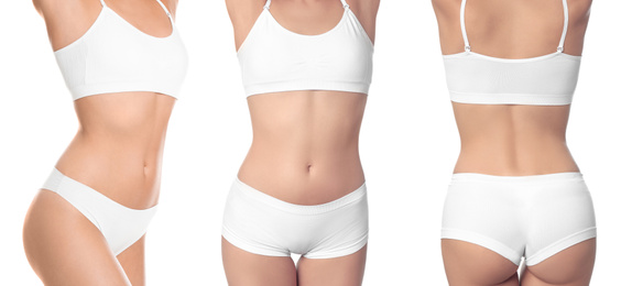 Closeup view of women with slim bodies on white background, collage. Banner design