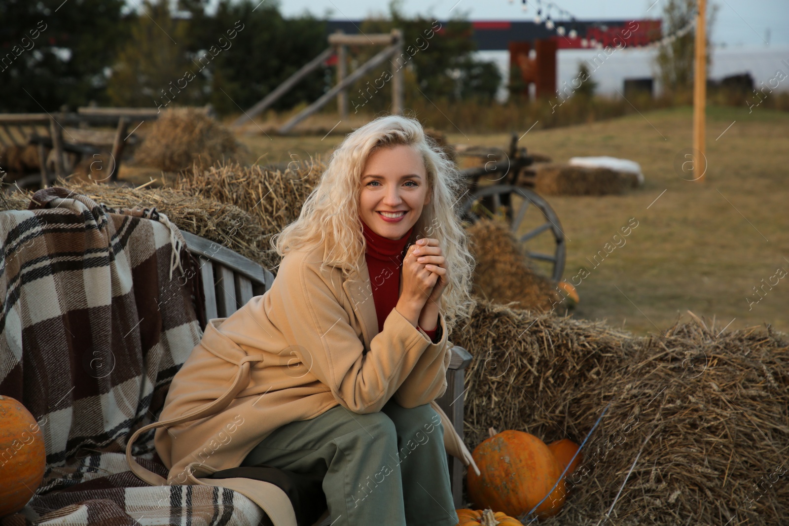Photo of Beautiful woman sitting on wooden bench near pumpkins and hay bales outdoors. Autumn season