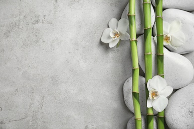 Photo of Bamboo branches with flowers and stones on gray background, top view. Space for text