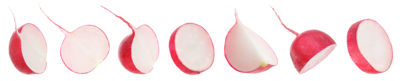 Image of Fresh radish pieces isolated on white, banner design