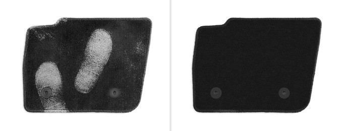 Image of Black car floor mats with footprint and clean one on white background, collage. Banner design