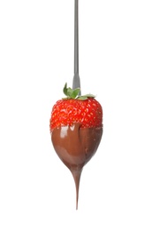 Tasty strawberry dipped into chocolate fondue on white background