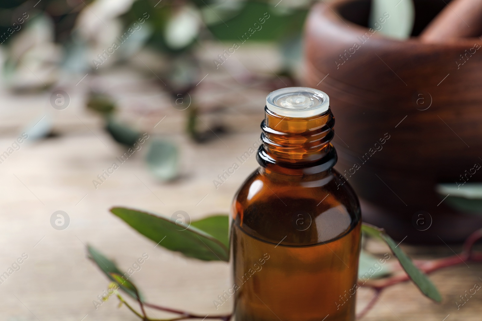 Photo of Bottle of eucalyptus essential oil and plant branches on wooden table, closeup