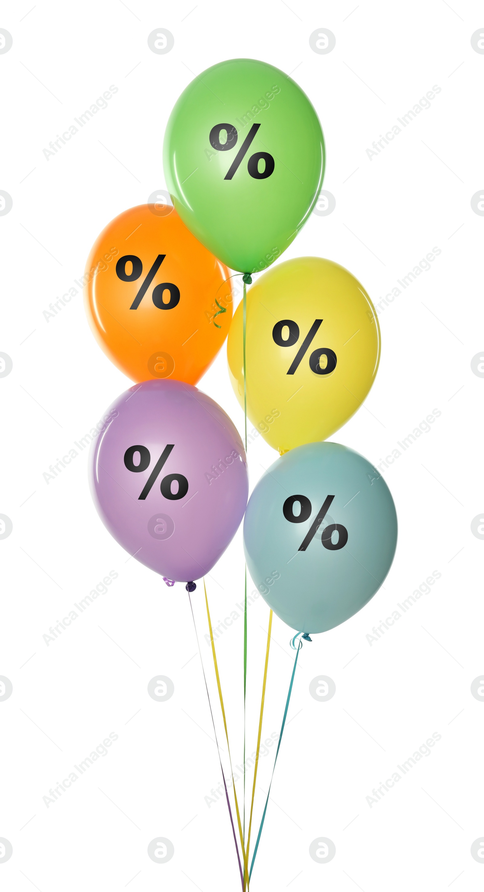 Image of Discount offer. Bright balloons with percent sign on white background