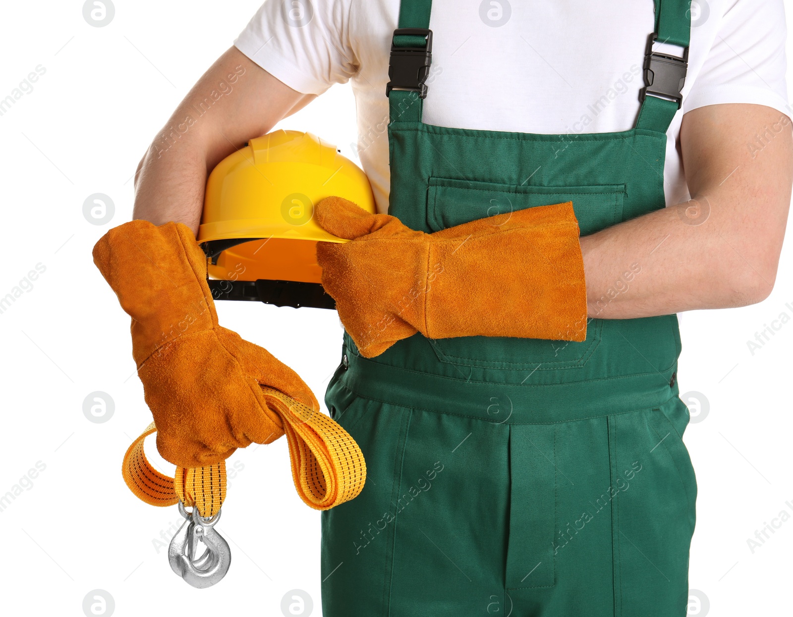 Photo of Male industrial worker in uniform on white background, closeup. Safety equipment