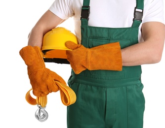 Photo of Male industrial worker in uniform on white background, closeup. Safety equipment