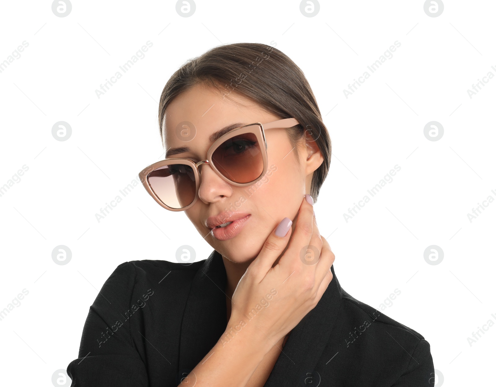 Photo of Beautiful young woman wearing sunglasses on white background