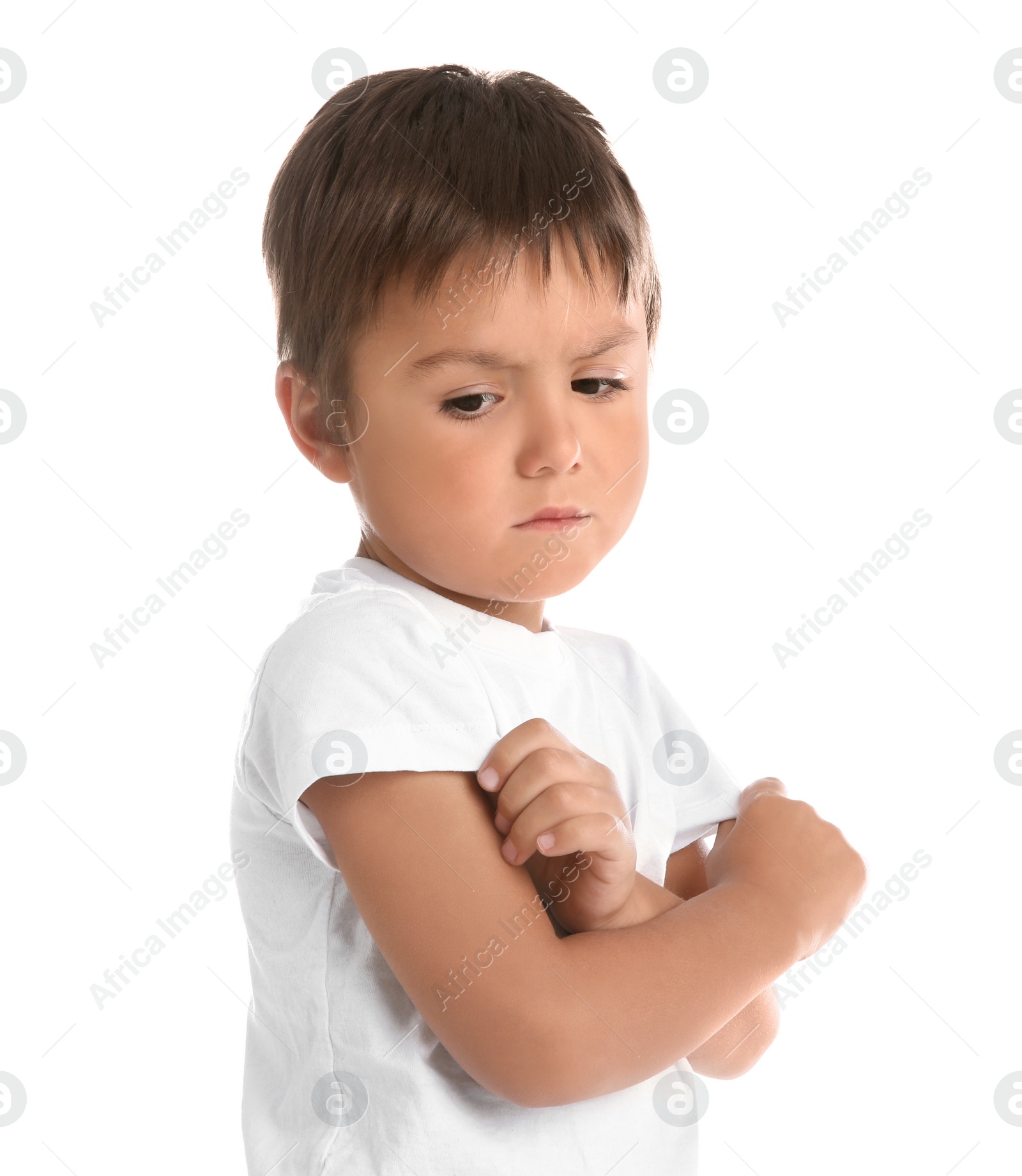 Photo of Portrait of emotional little boy on white background