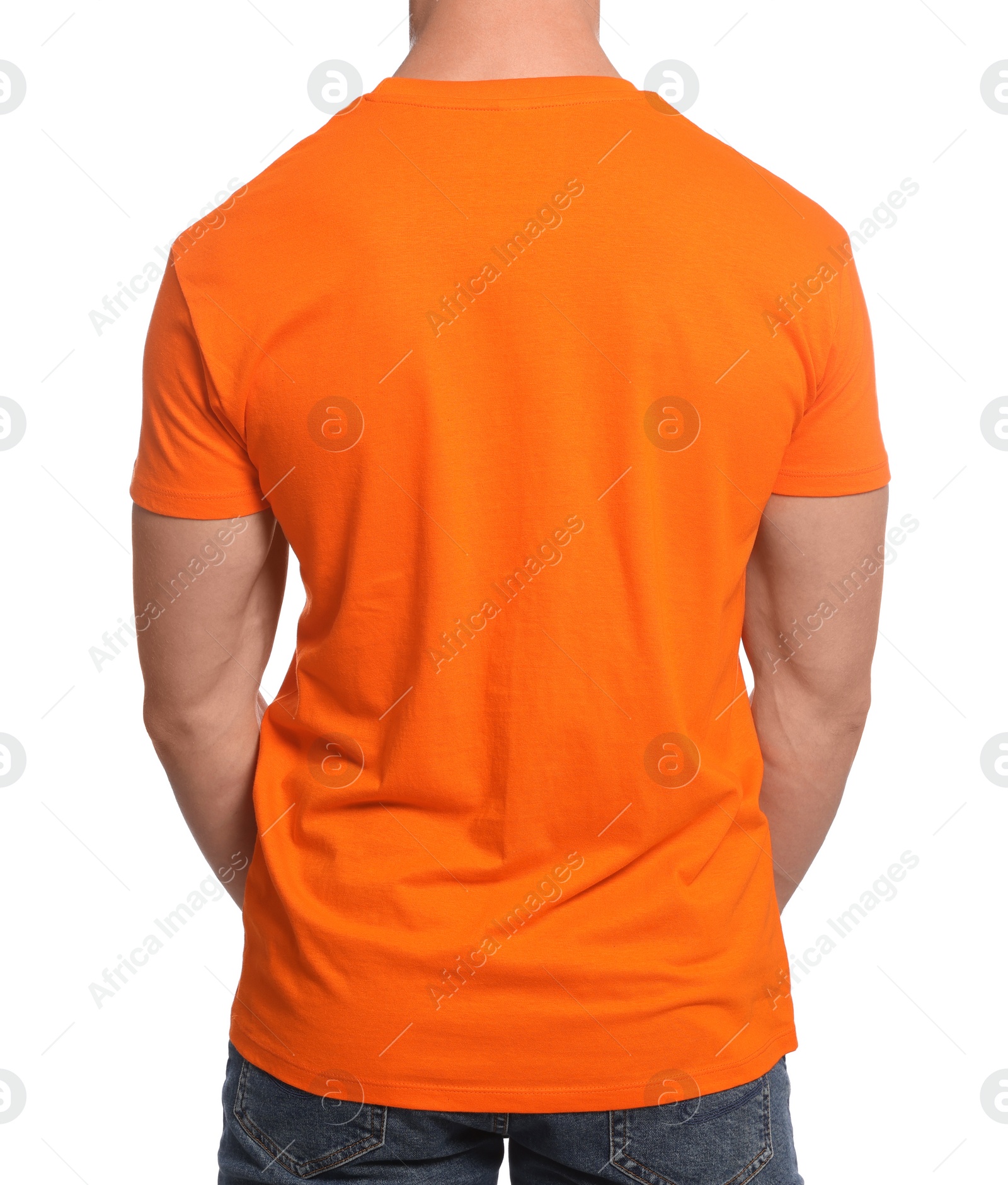 Photo of Man wearing orange t-shirt on white background, back view. Mockup for design