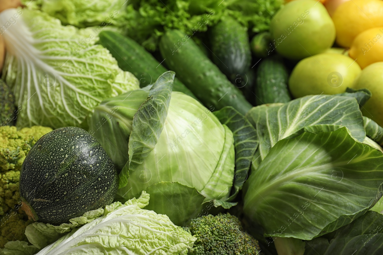 Photo of Colorful ripe fruits and vegetables as background, closeup