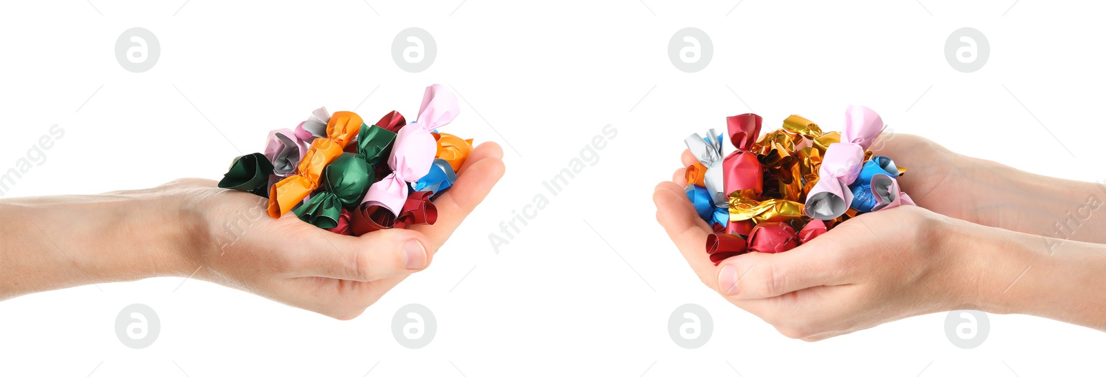 Image of Women holding candies in colorful wrappers, closeup. Collage