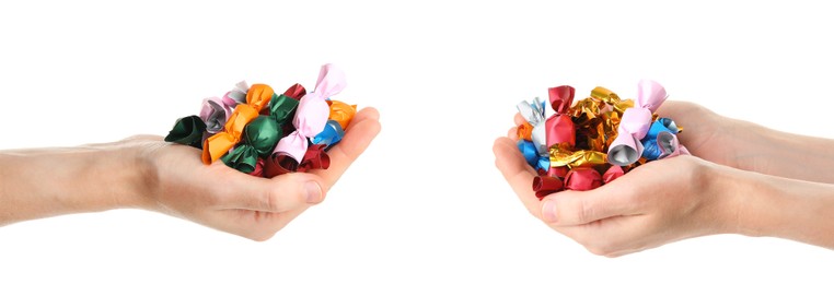 Women holding candies in colorful wrappers, closeup. Collage