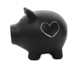 Photo of Black piggy bank with heart on white background