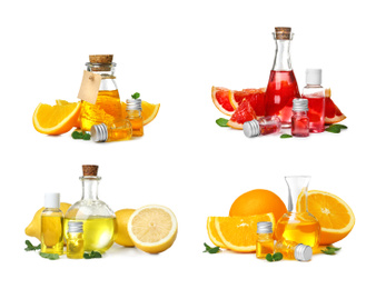 Image of Set with bottles of different essential oils and fresh citruses on white background