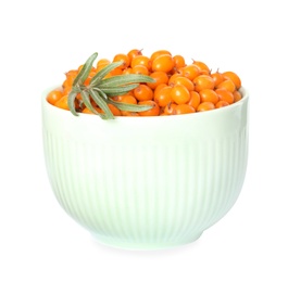 Photo of Fresh ripe sea buckthorn berries in bowl isolated on white