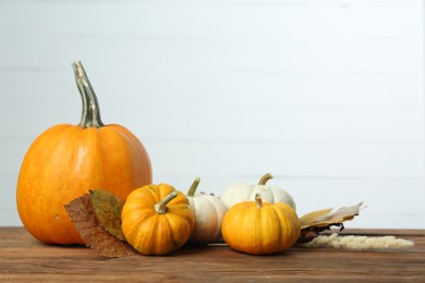 Photo of Thanksgiving day. Composition with many different pumpkins on wooden table, space for text