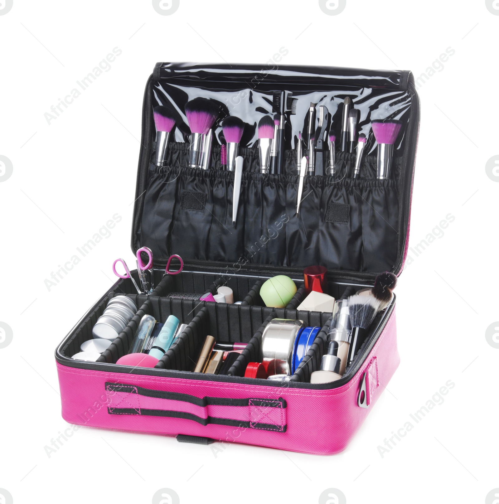 Photo of Stylish case with makeup products and beauty accessories on white background