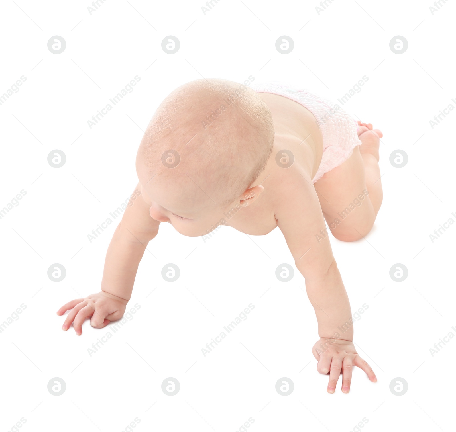 Photo of Cute little baby crawling on white background