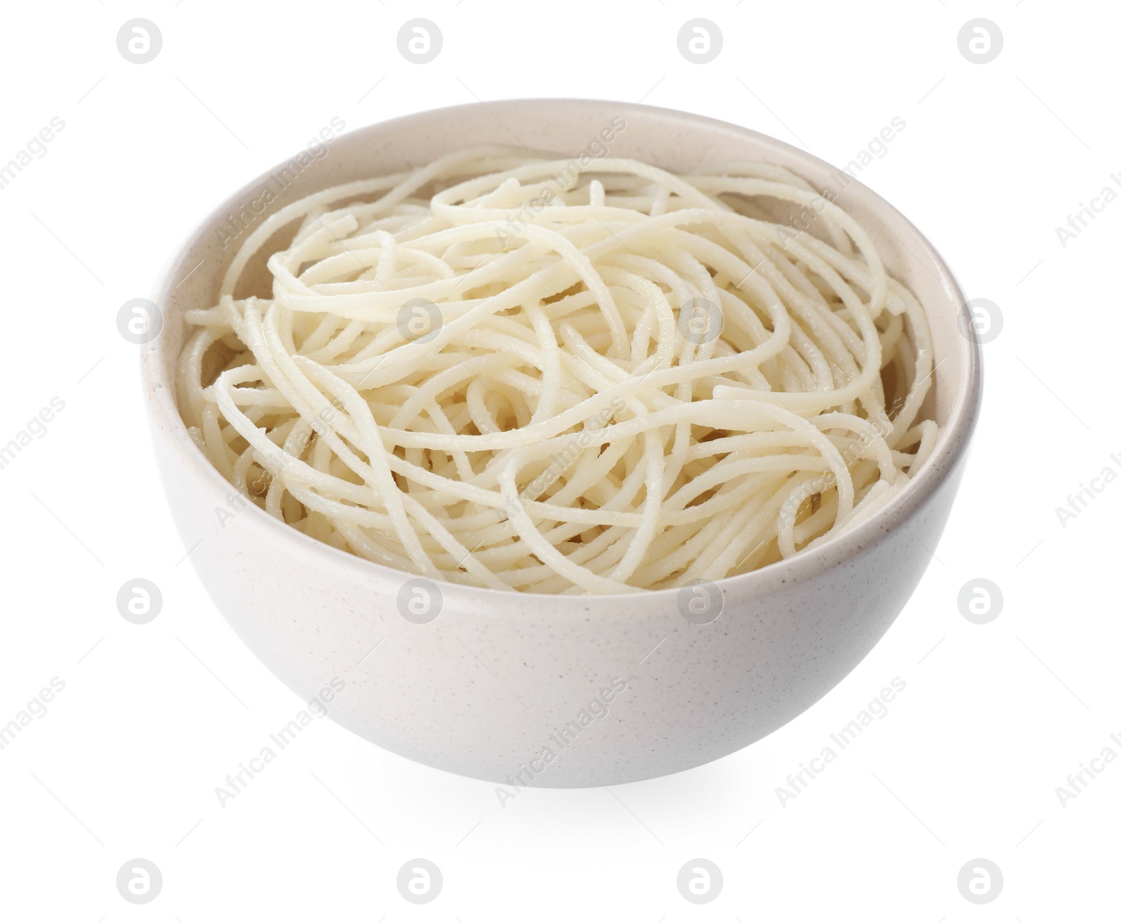 Photo of Bowl of tasty cooked rice noodles isolated on white