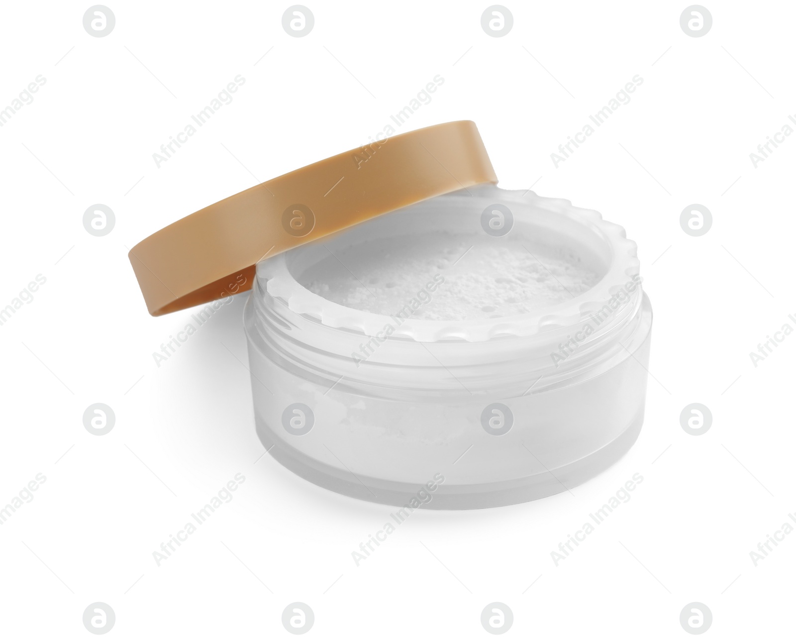 Photo of Rice face powder isolated on white. Natural cosmetic