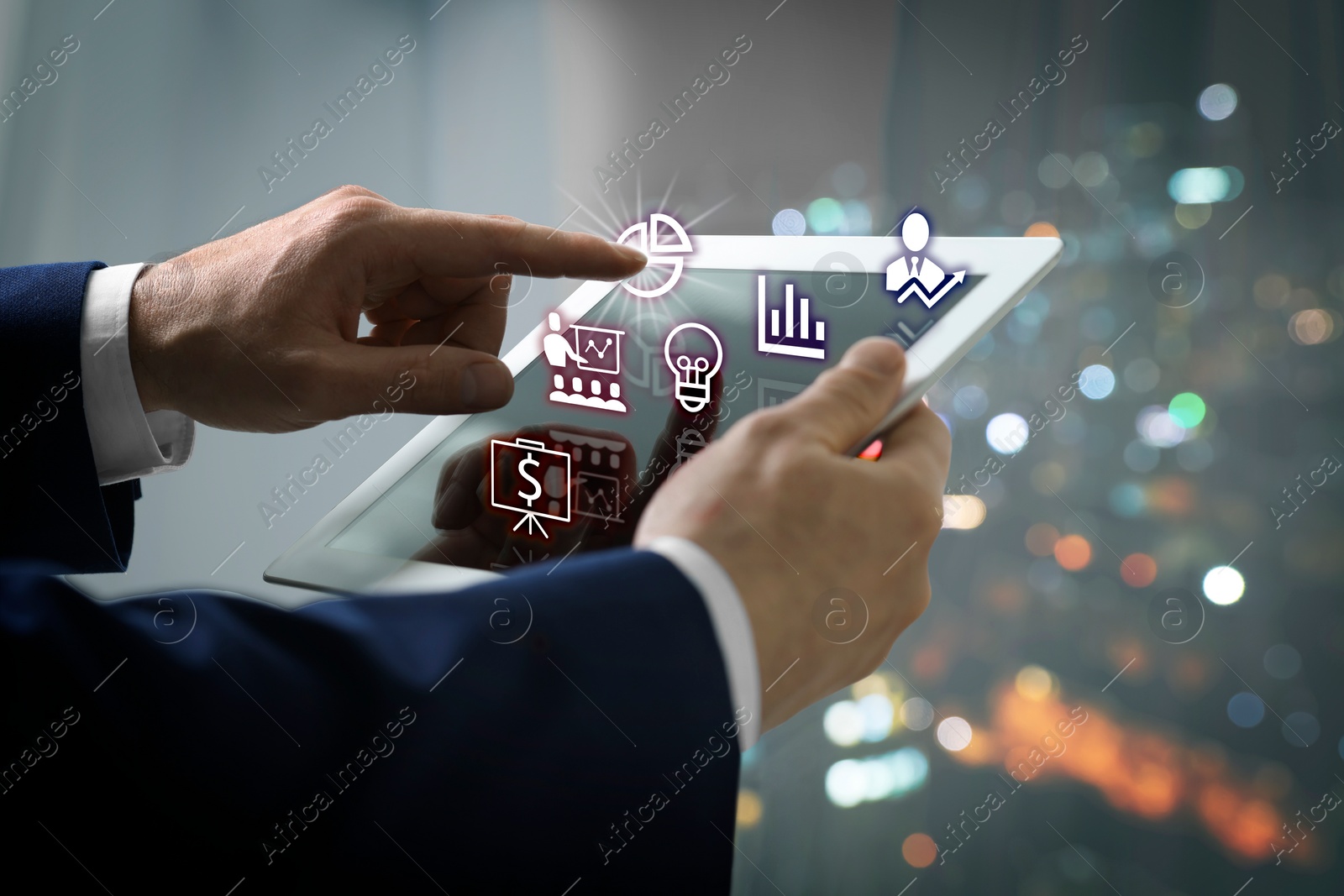 Image of Marketing. Man touching virtual icon over tablet against blurred background, closeup