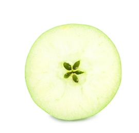 Photo of Half of fresh green apple on white background