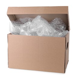 Photo of Transparent bubble wrap in cardboard box isolated on white