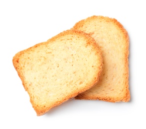 Toasted bread on white background, top view