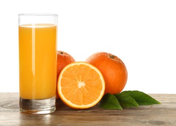 Photo of Delicious orange juice and fresh fruits on wooden table against white background. Space for text