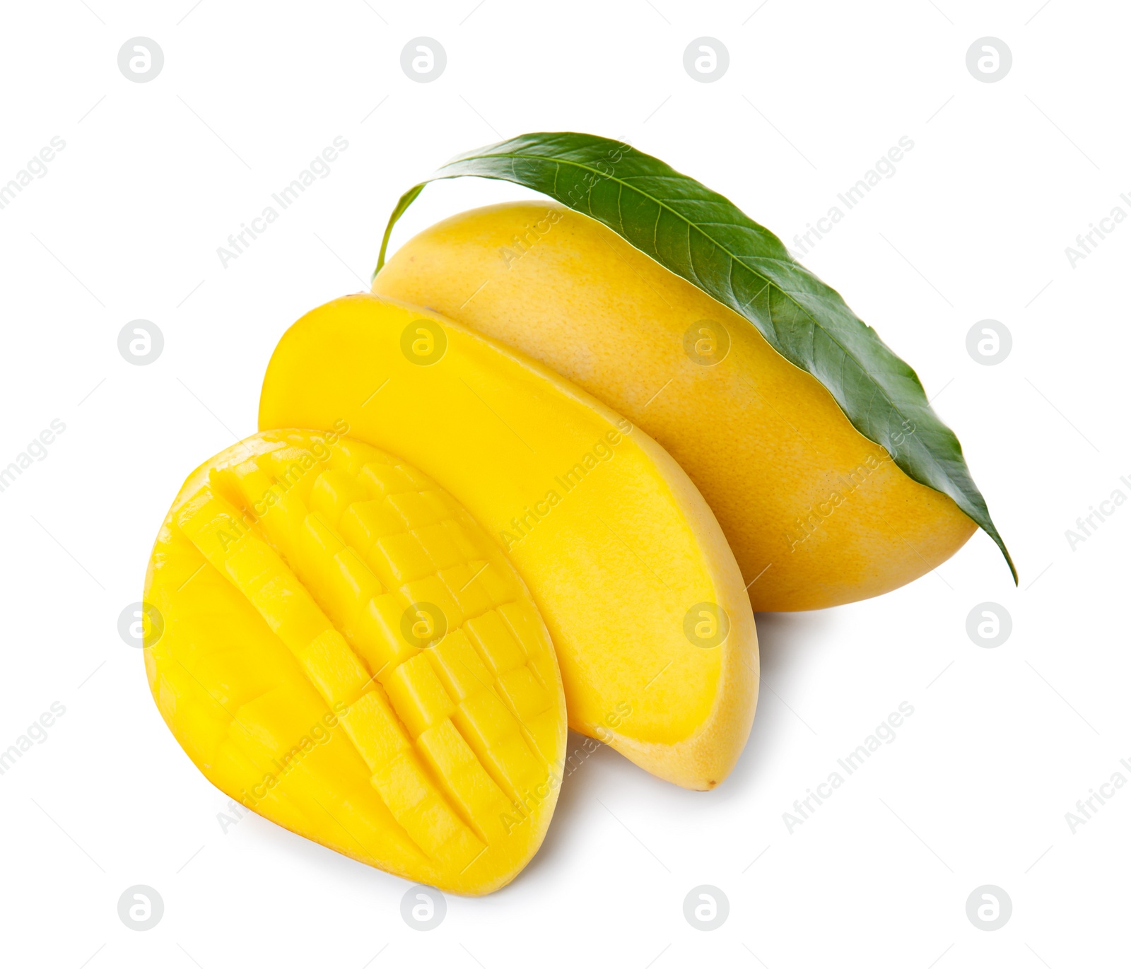 Photo of Fresh juicy mango and leaf isolated on white