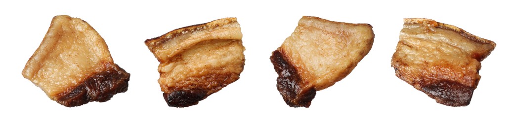 Image of Set with tasty fried pork lard on white background. Banner design