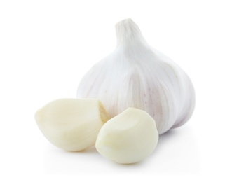 Photo of Ripe garlic on white background. Organic product