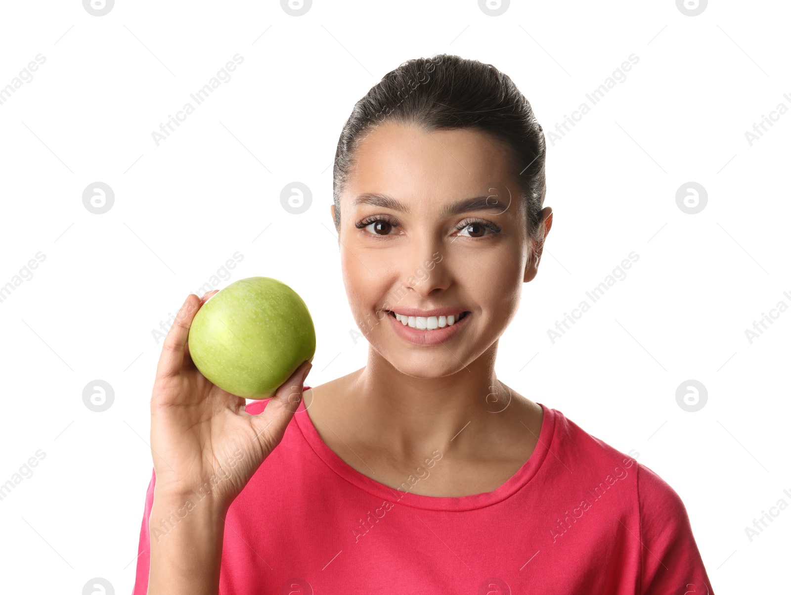 Photo of Young woman with healthy teeth and apple on white background