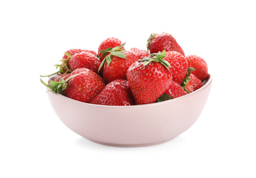 Photo of Ripe strawberries in bowl isolated on white