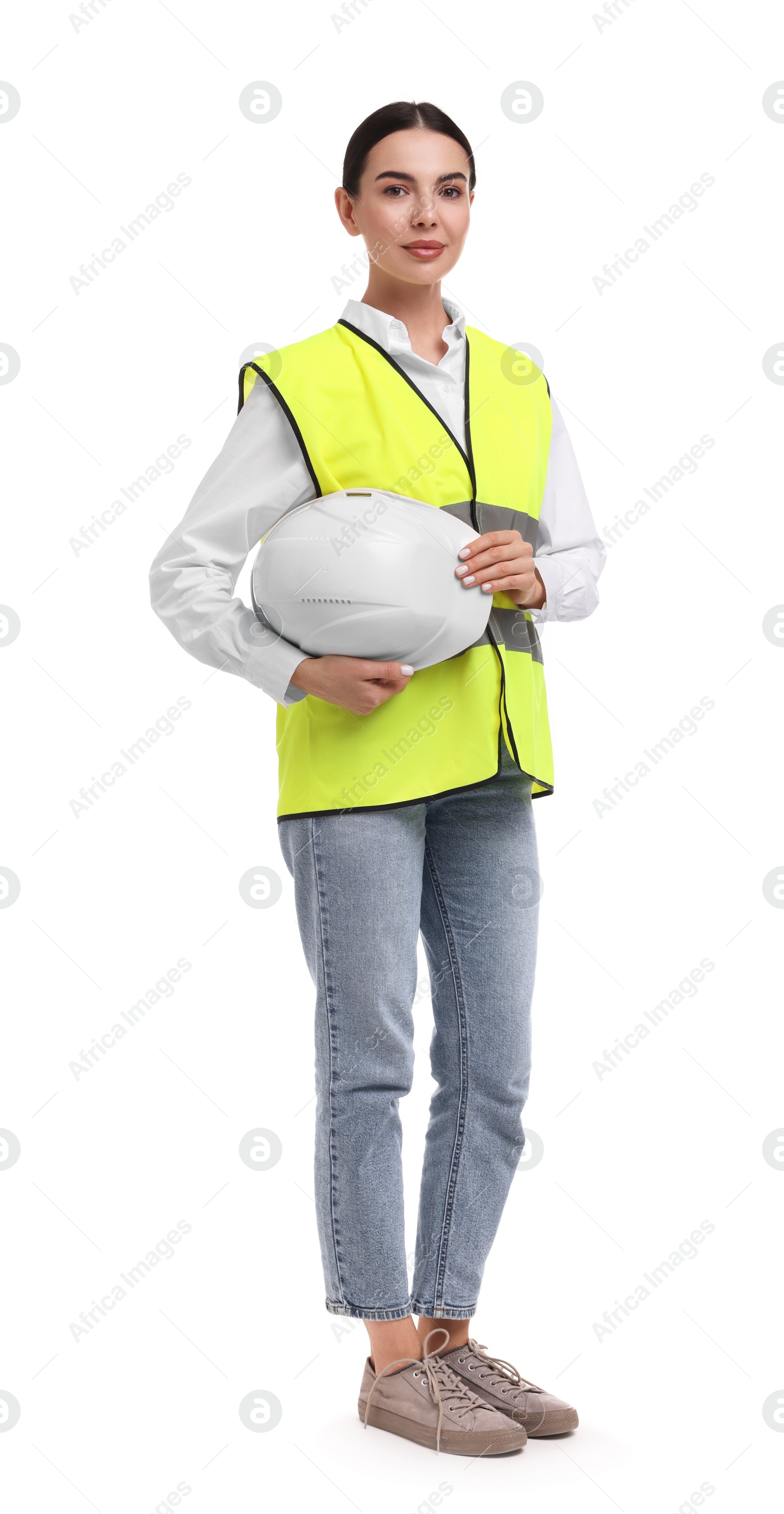 Photo of Engineer with hard hat on white background