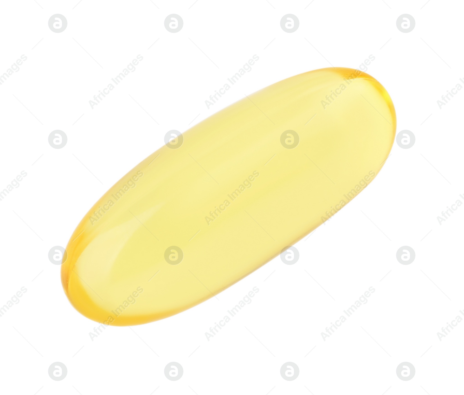 Photo of One yellow vitamin capsule isolated on white, top view