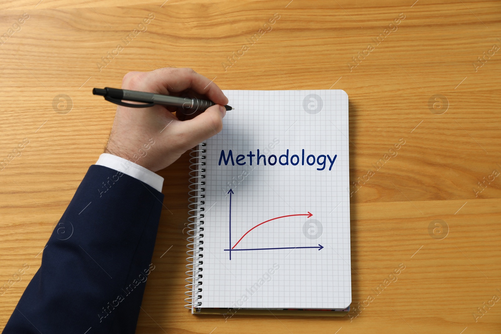 Image of Man writing word Methodology in notebook at wooden table, closeup